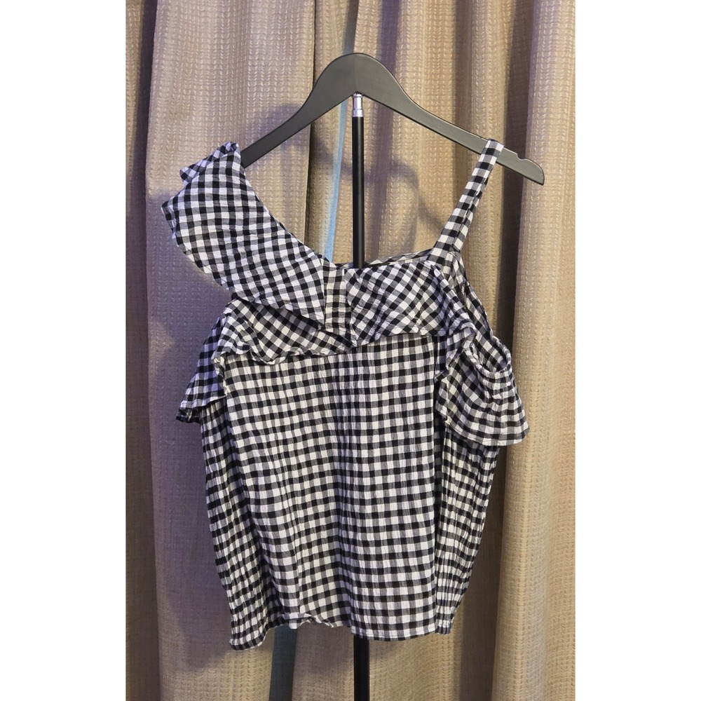 Express One-Shoulder Gingham Ruffle Detail Blouse Womens Size Small Black White